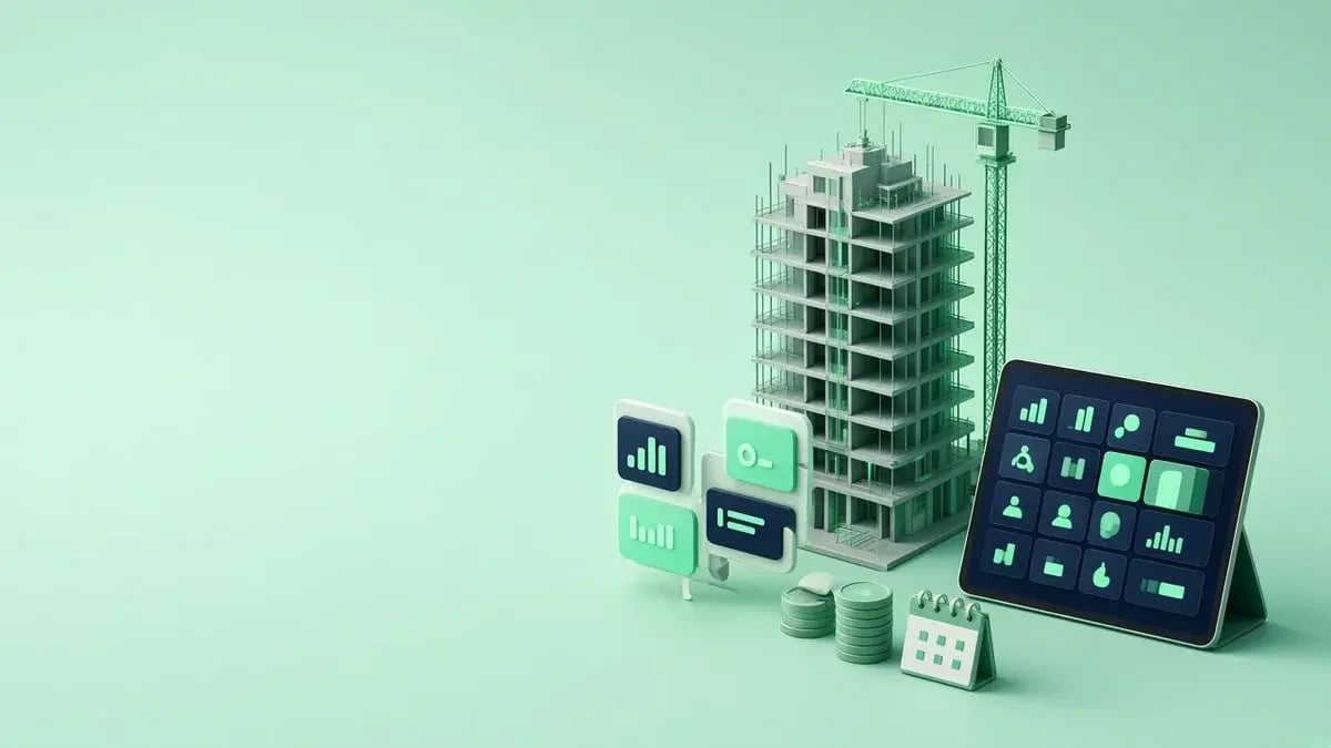 Ilustración 3D de un desarrollo inmobiliario con tablero de unidades y planes de pago